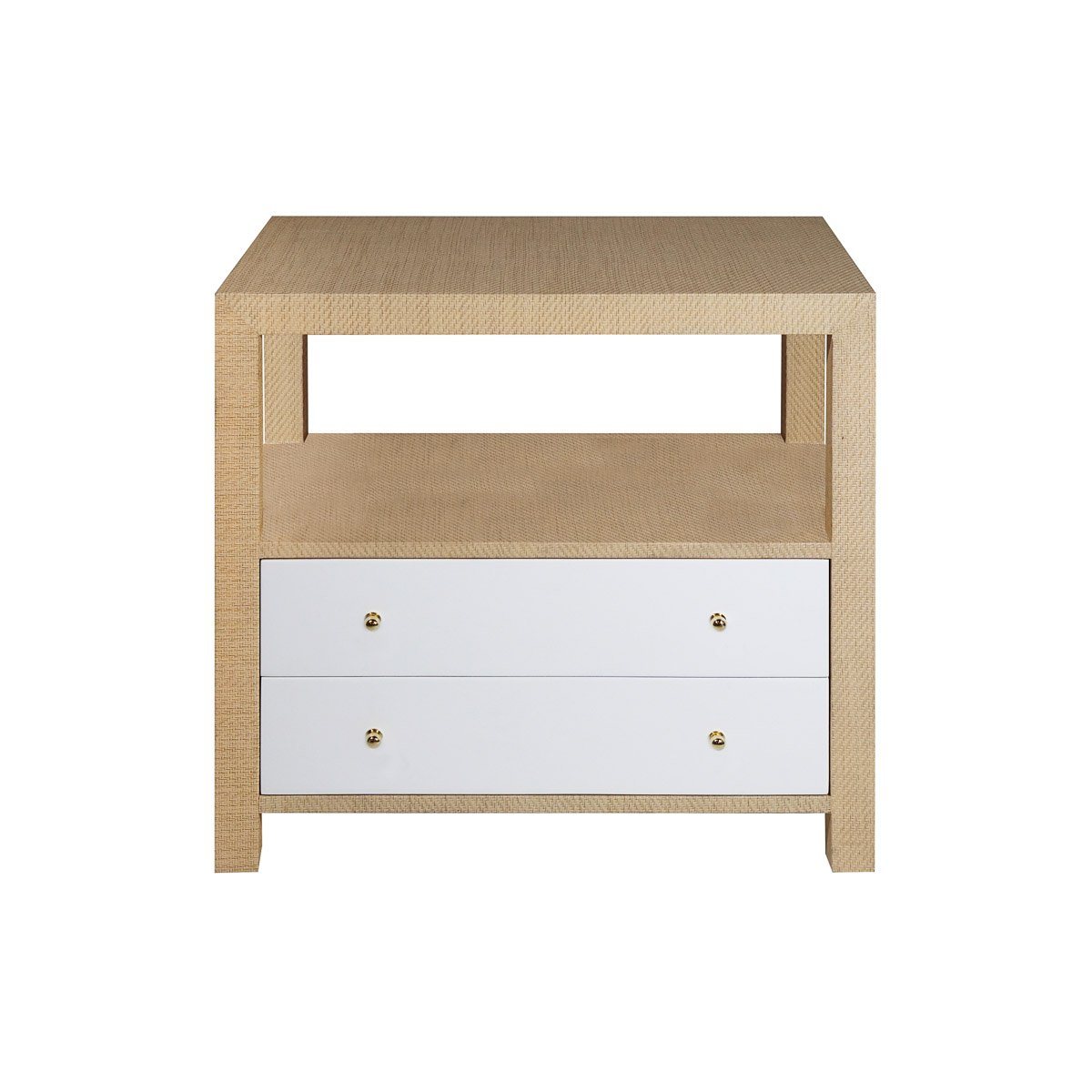 Casey Grasscloth Side Table Natural Grasscloth | Polished Brass. Front view.