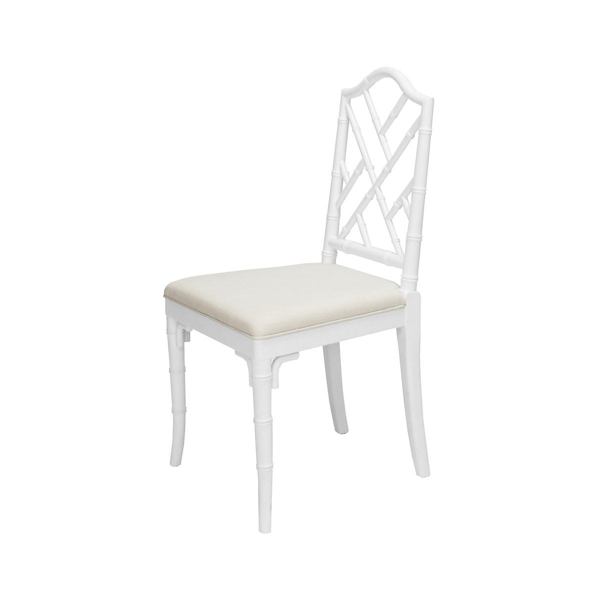 Chippendale Dining Chair Matte White Lacquer | White Linen. Front view.