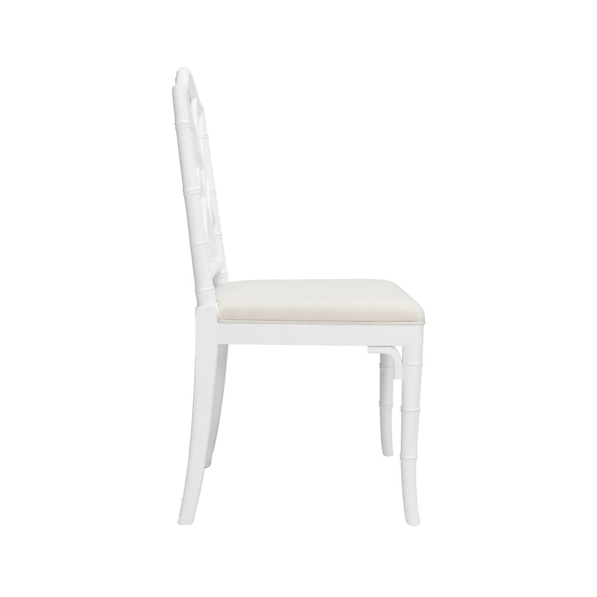 Chippendale Dining Chair Matte White Lacquer | White Linen. Right side view.