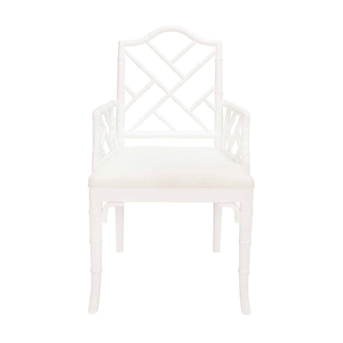 Chippendale Host Chair Matte White Lacquer | White Linen. Front view.