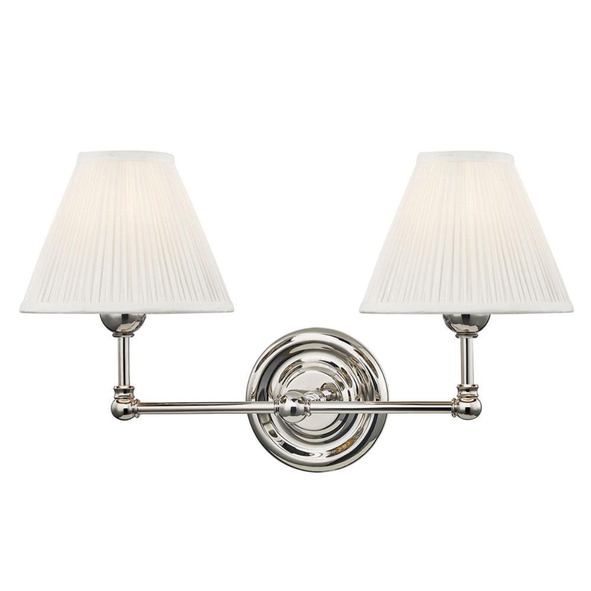 Classic Silk Double Sconce Polished Nickel. Front view. 