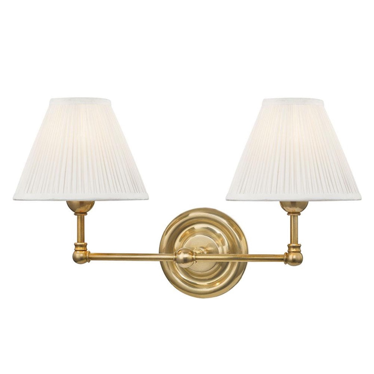 Classic Silk Double Sconce Aged Brass. Front view.