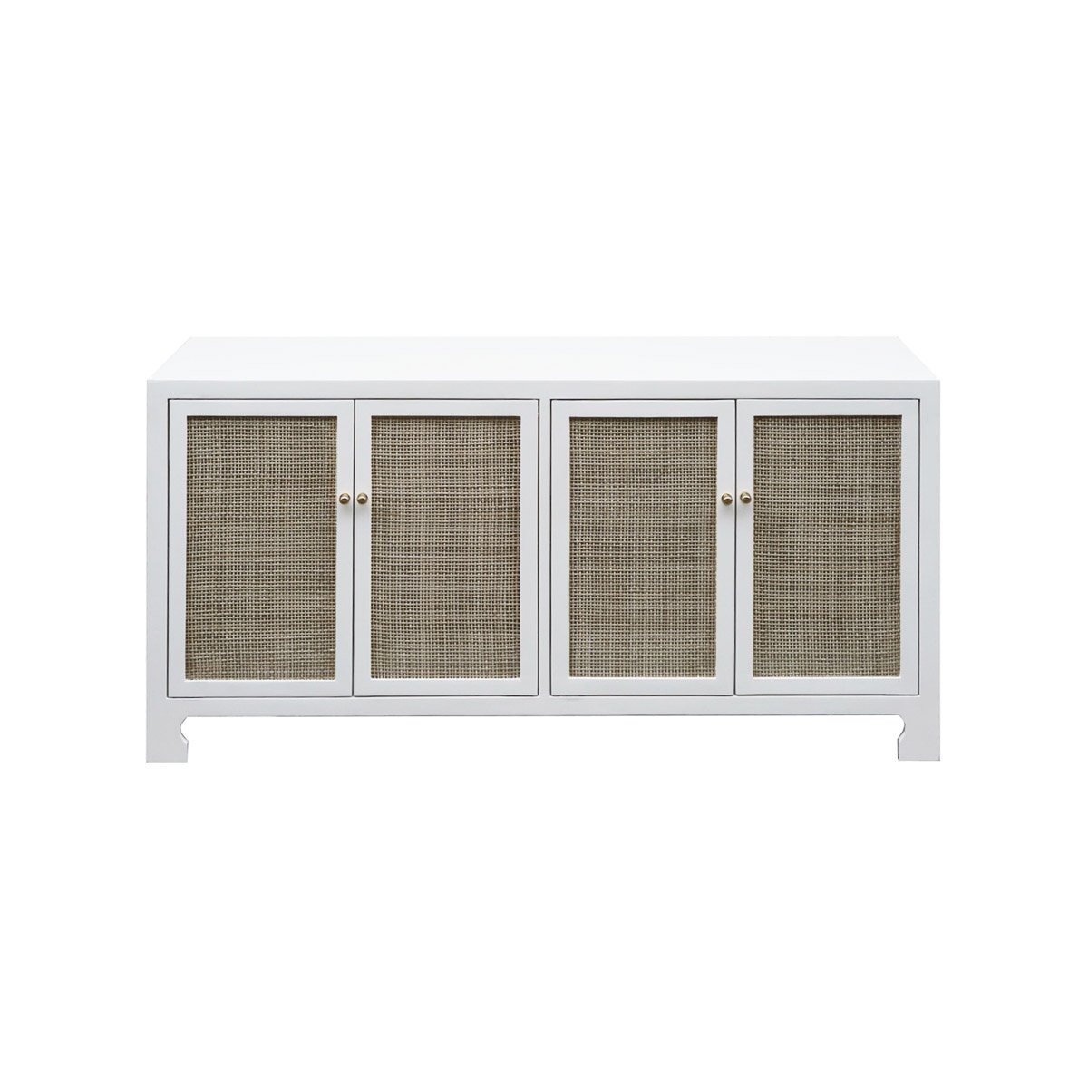 Colette Cabinet Matte White Lacquer | Natural Caning. Front view. 