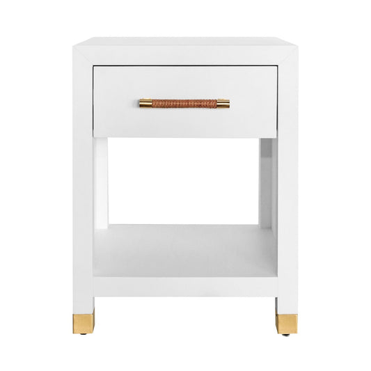 Charleston Side Table - 1 Drawer Matte White Lacquer. Front view.