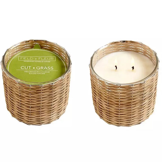 Cut Grass Handwoven Candle. Front view. 
