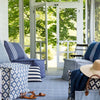 Diamond Denim/White Indoor/Outdoor Rug styled in a blue sunroom. Styled view. 