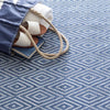 Diamond Denim/White Indoor/Outdoor Rug styled under a blue bag. Styled view. 