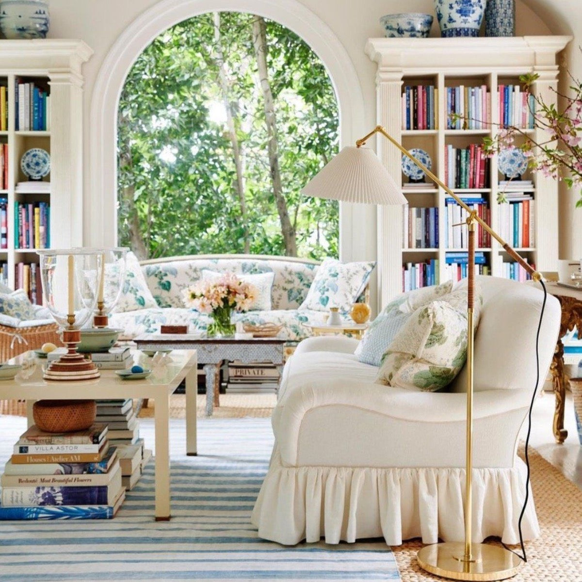 Cambridge Floor Lamp styled in a cream living room. Styled view. 