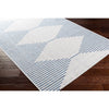 Egan Outdoor Rug styled over dark wood floor. Styled view. 