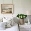 Evening View styled in a white bedroom. Styled view.