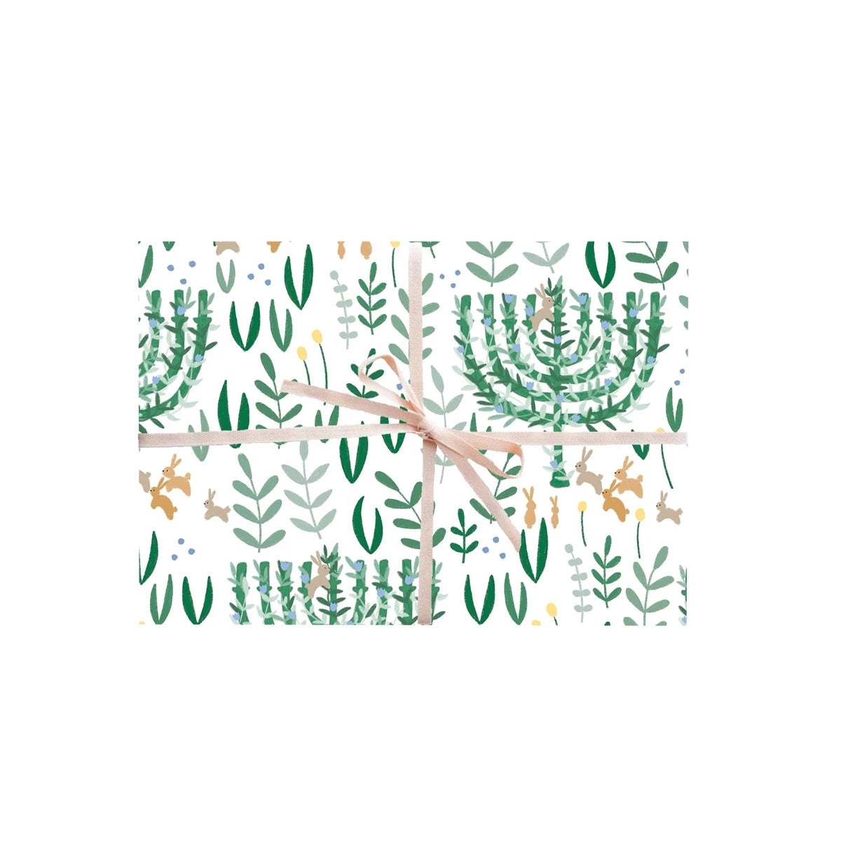 Floral Menorah Gift Wrap Sheets on a box with pink ribbon. Styled view.