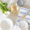 Footed Marble Bowl - Small styled with soaps and cloths. Styled view.