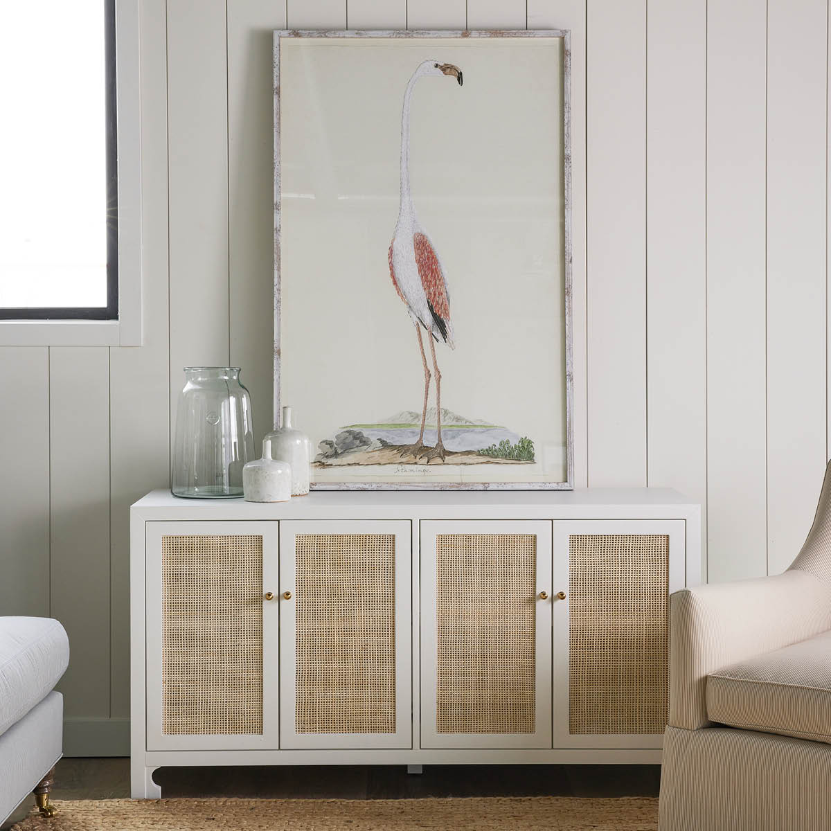 Greater Flamingo Print styled in a neutral living room on a white console table. Styled view.