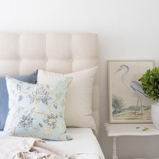 Grey Heron 1778 styled in a neutral bedroom. Styled view.