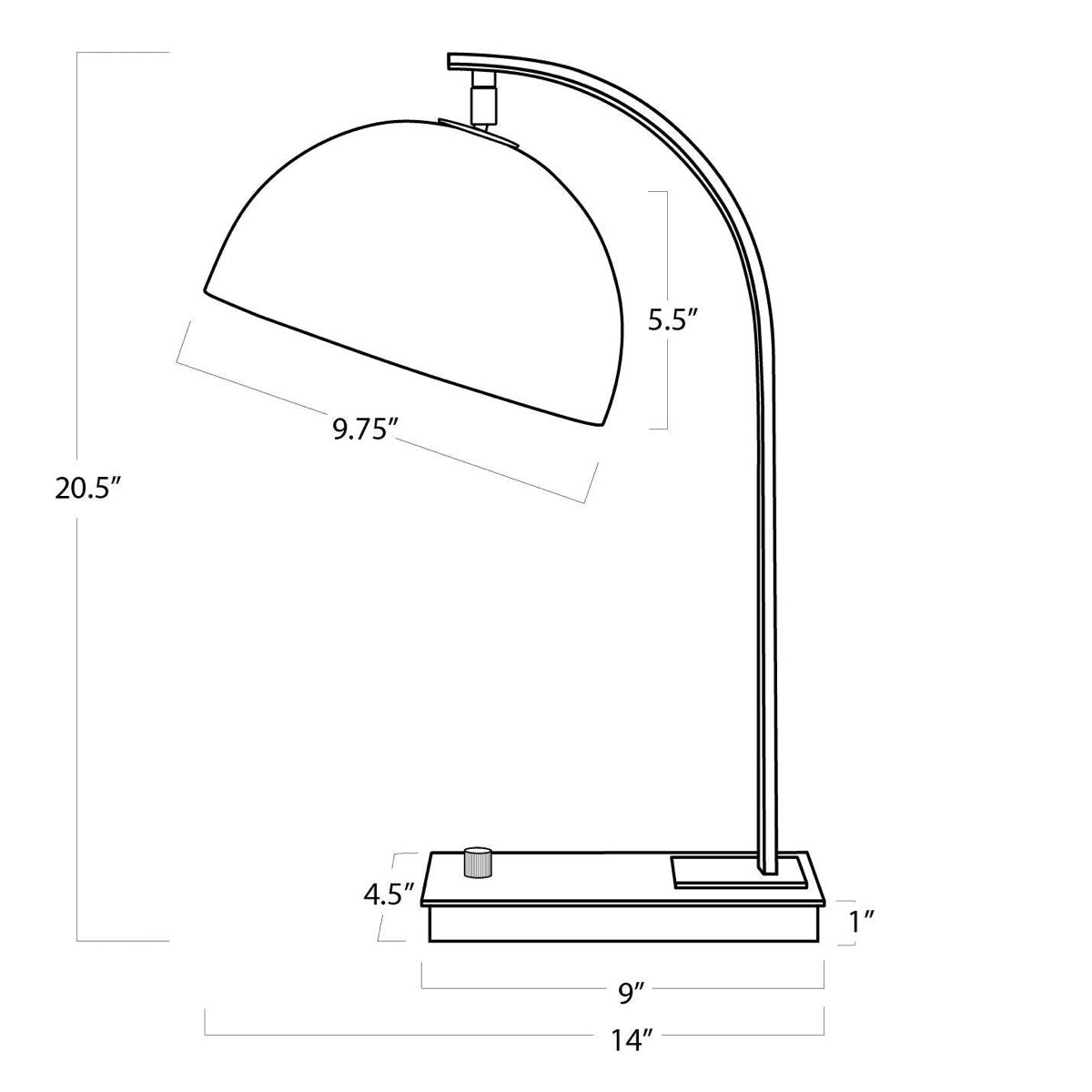 Harwich Desk Lamp with dimensions. Dimension view.