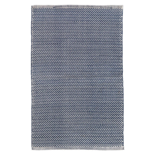 Herringbone Indigo/White Indoor/Outdoor Rug. Top view.