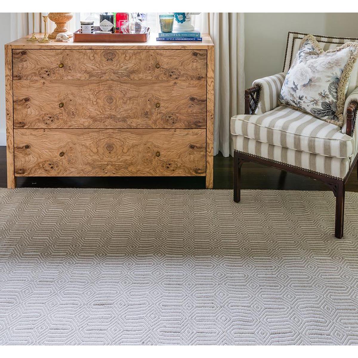 Huron Indoor/Outdoor Rug - Beige styled in a neutral room. Styled view. 