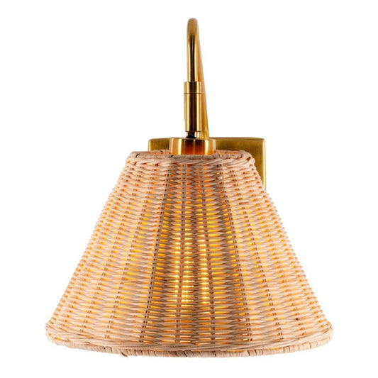 June Rattan Wall Sconce ON. Front view.