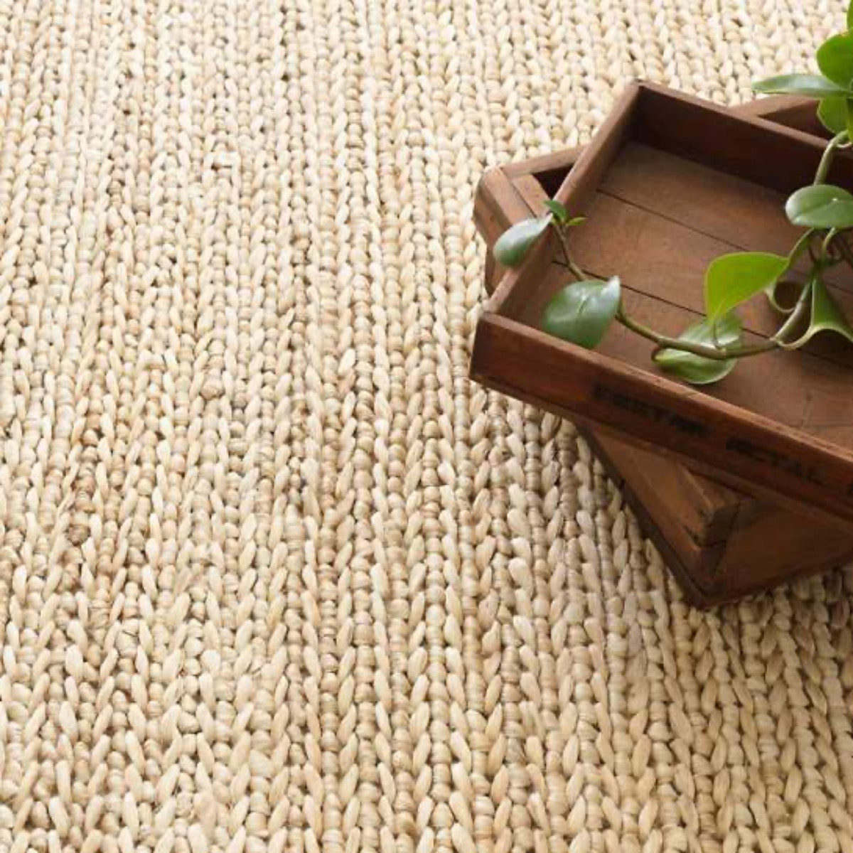 Jute Woven Natural Rug styled with wood trays and greenery. Styled view. 