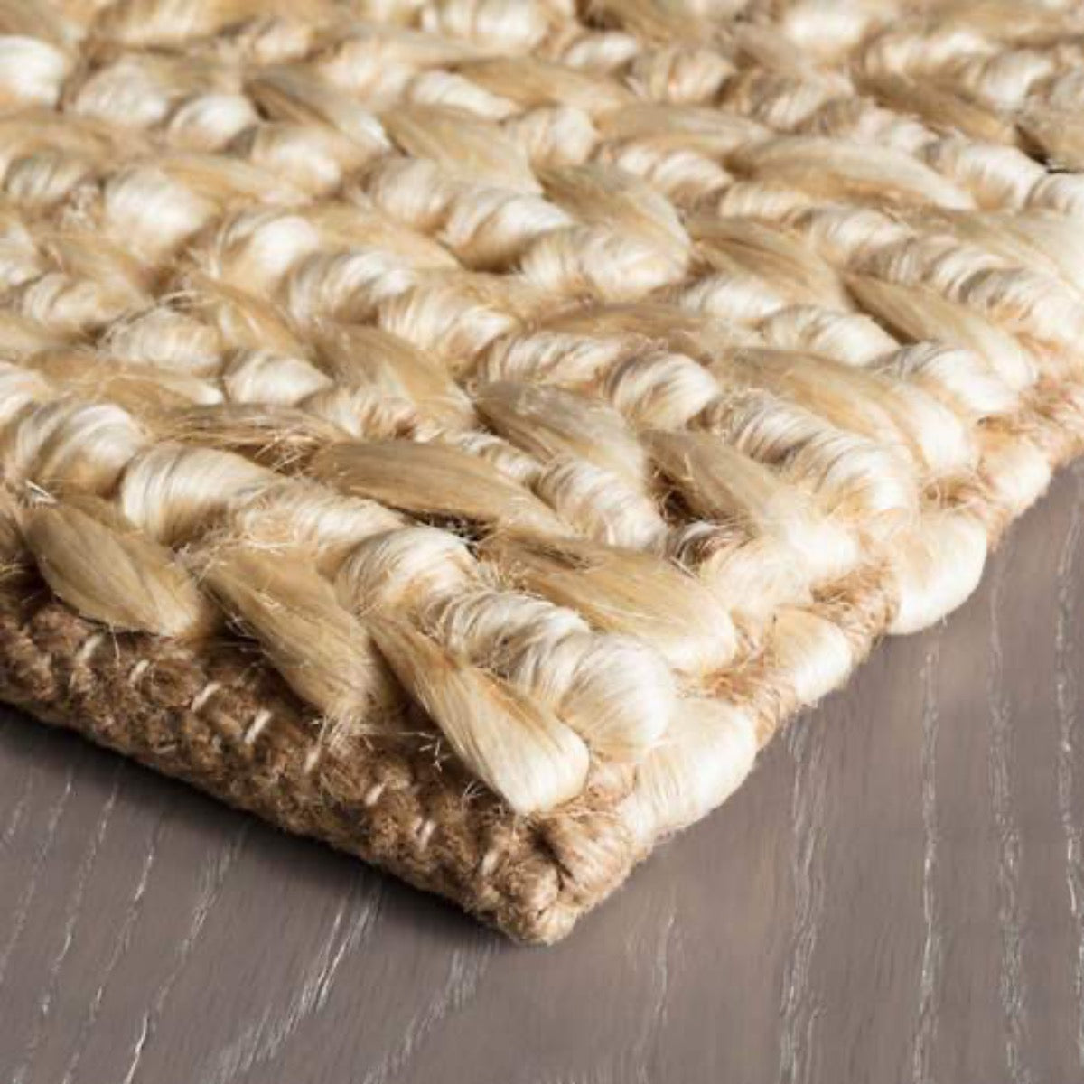 Jute Woven Natural Rug corner detail. Close-up detail view. 