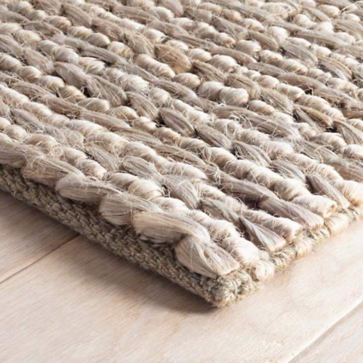 Jute Woven Seaglass Rug corner detail. Close-up detail view. 