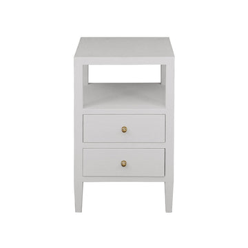 Kate Side Table Natural Grasscloth | Polished Brass. Front view. 