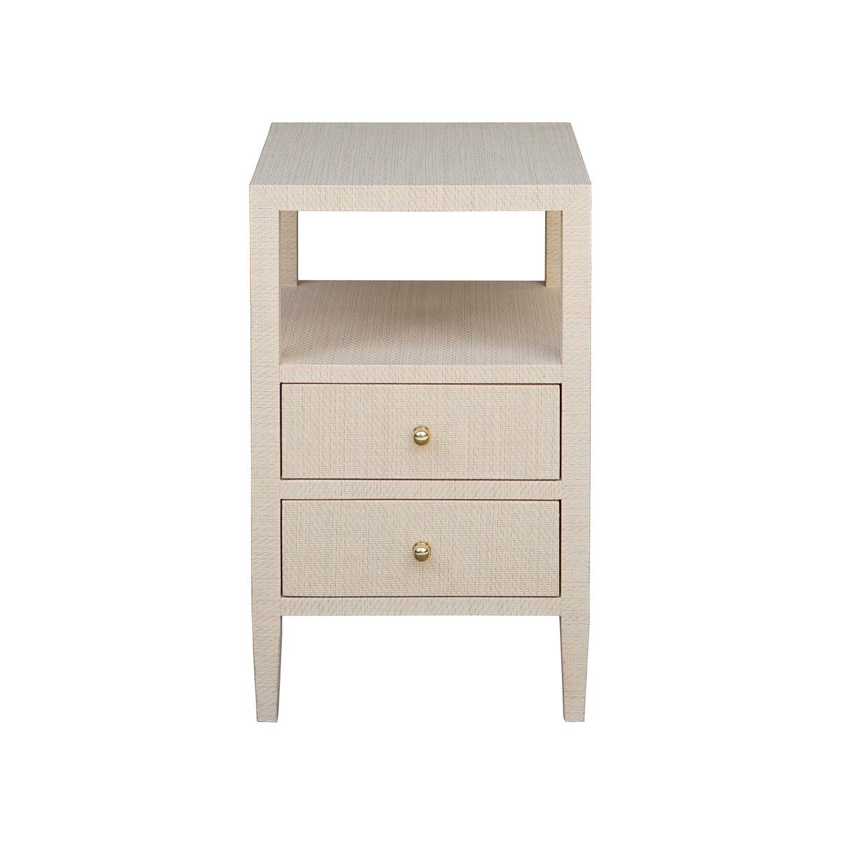 Kate Side Table White Linen | Polished Brass. Front view.