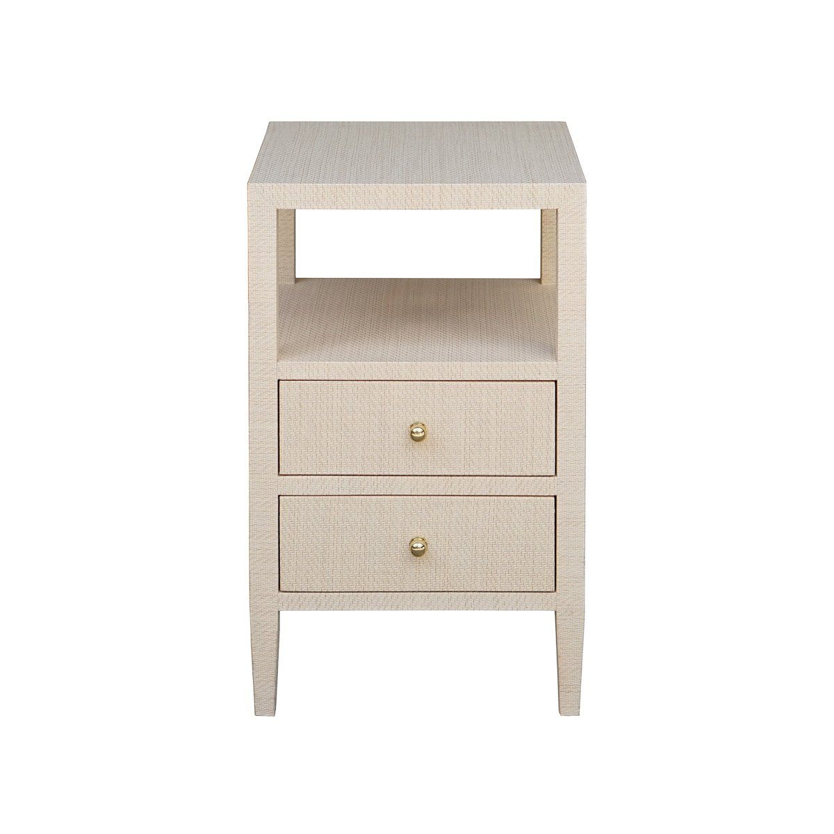 Kate Side Table Natural Grasscloth | Polished Brass. Front view. 