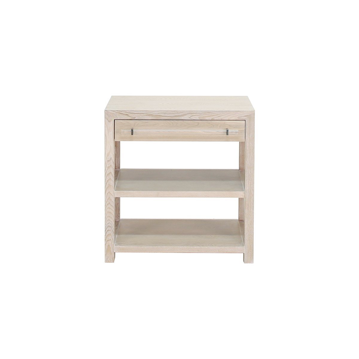 Kennedy Side Table Cerused Oak | Acrylic & Nickel. Front view.