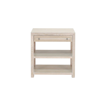 Kennedy Side Table Cerused Oak | Acrylic & Nickel. Front view.