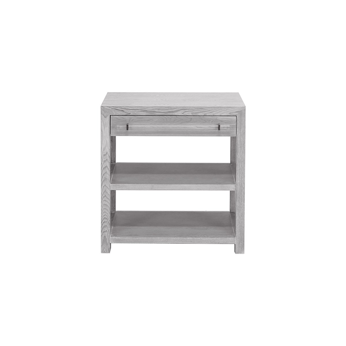 Kennedy Side Table Grey Cerused Oak | Acrylic & Nickel. Front view.