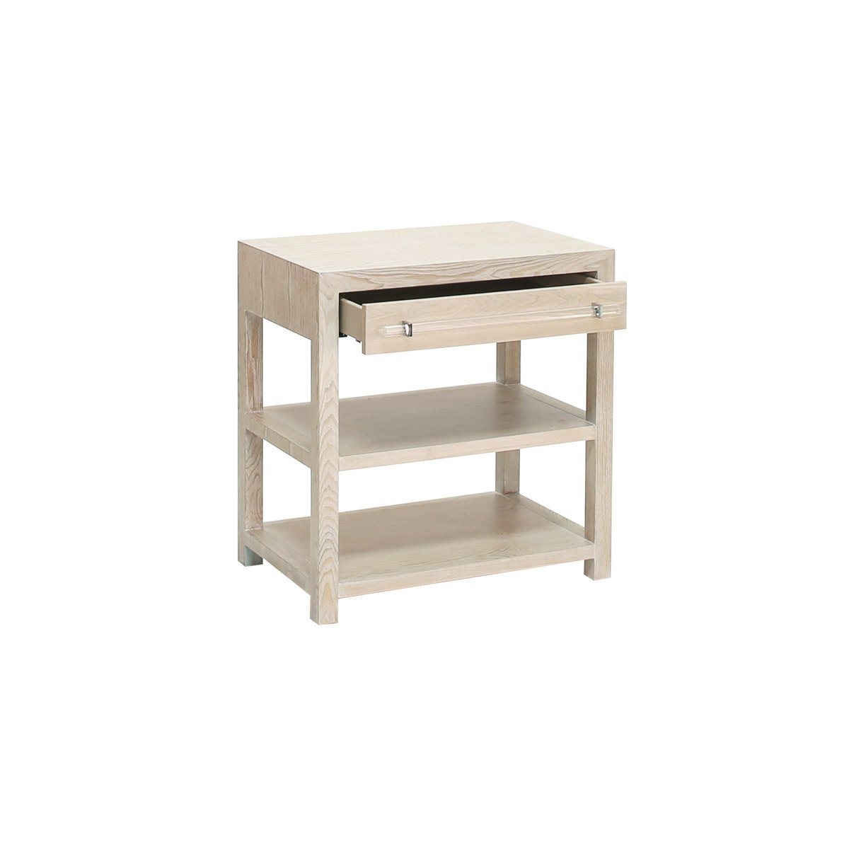 Kennedy Side Table drawers open Cerused Oak | Acrylic & Nickel. Right angle view view.