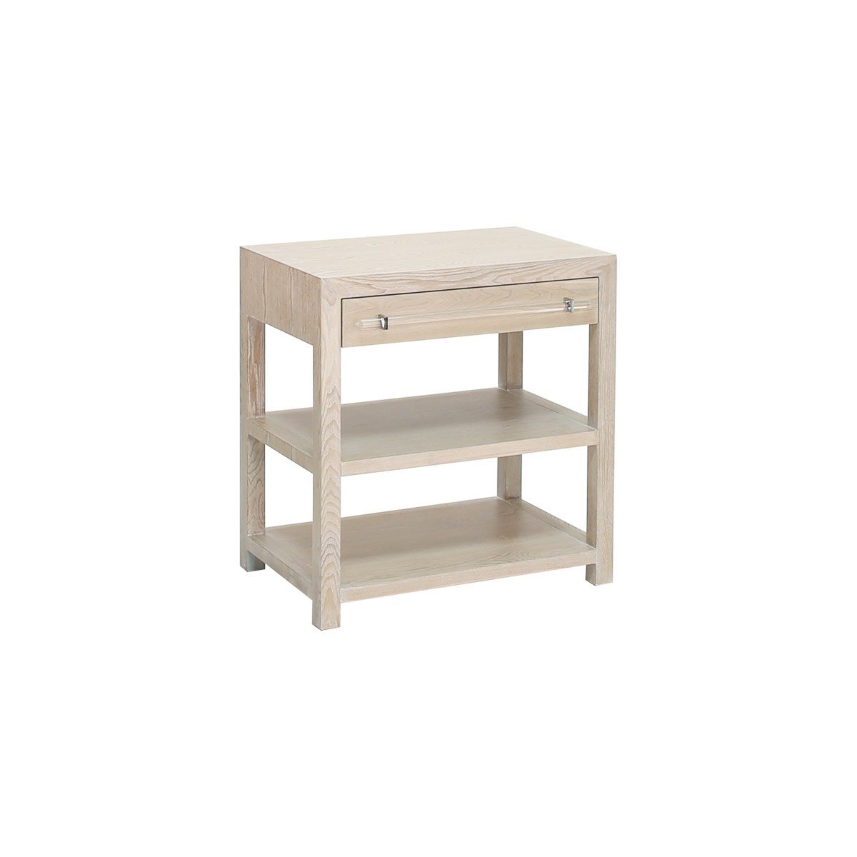 Kennedy Side Table Cerused Oak | Acrylic & Nickel. Right angle view.