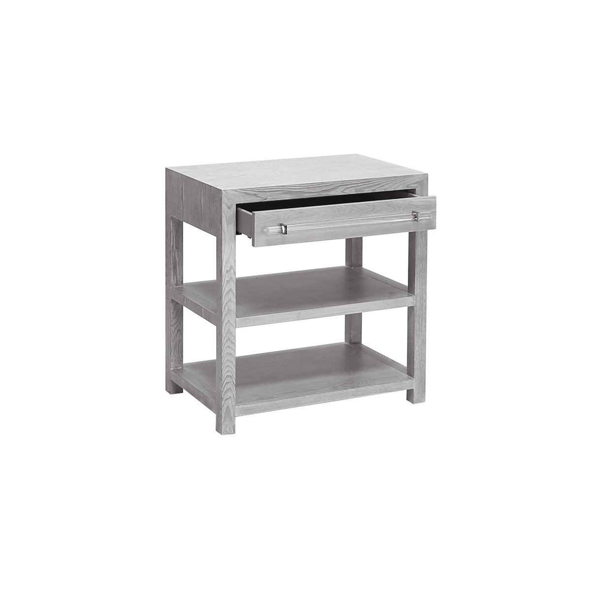 Kennedy Side Table drawers open Grey Cerused Oak | Acrylic & Nickel. Right angle view.