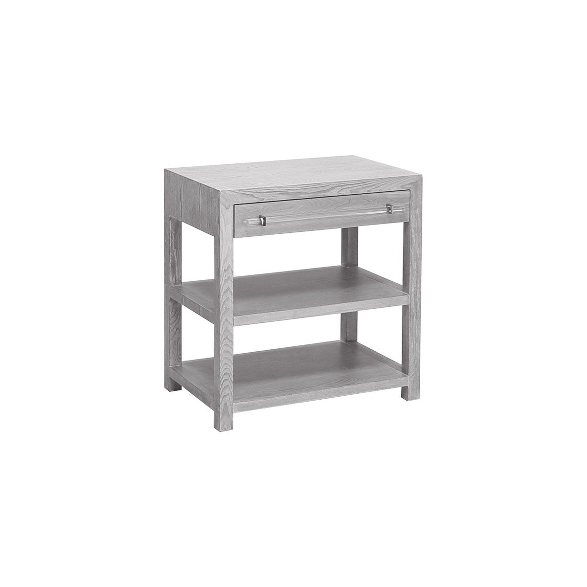 Kennedy Side Table Grey Cerused Oak | Acrylic & Nickel. Right angle view.