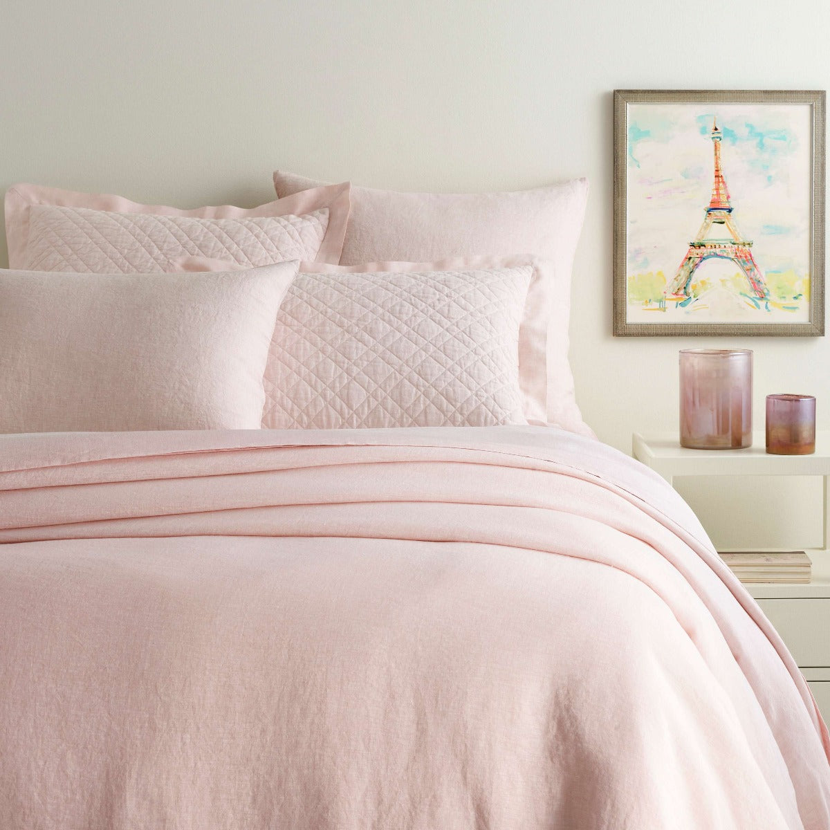 Lush Linen Slipper Pink Duvet Cover styled with pink sheets. Styled view. 