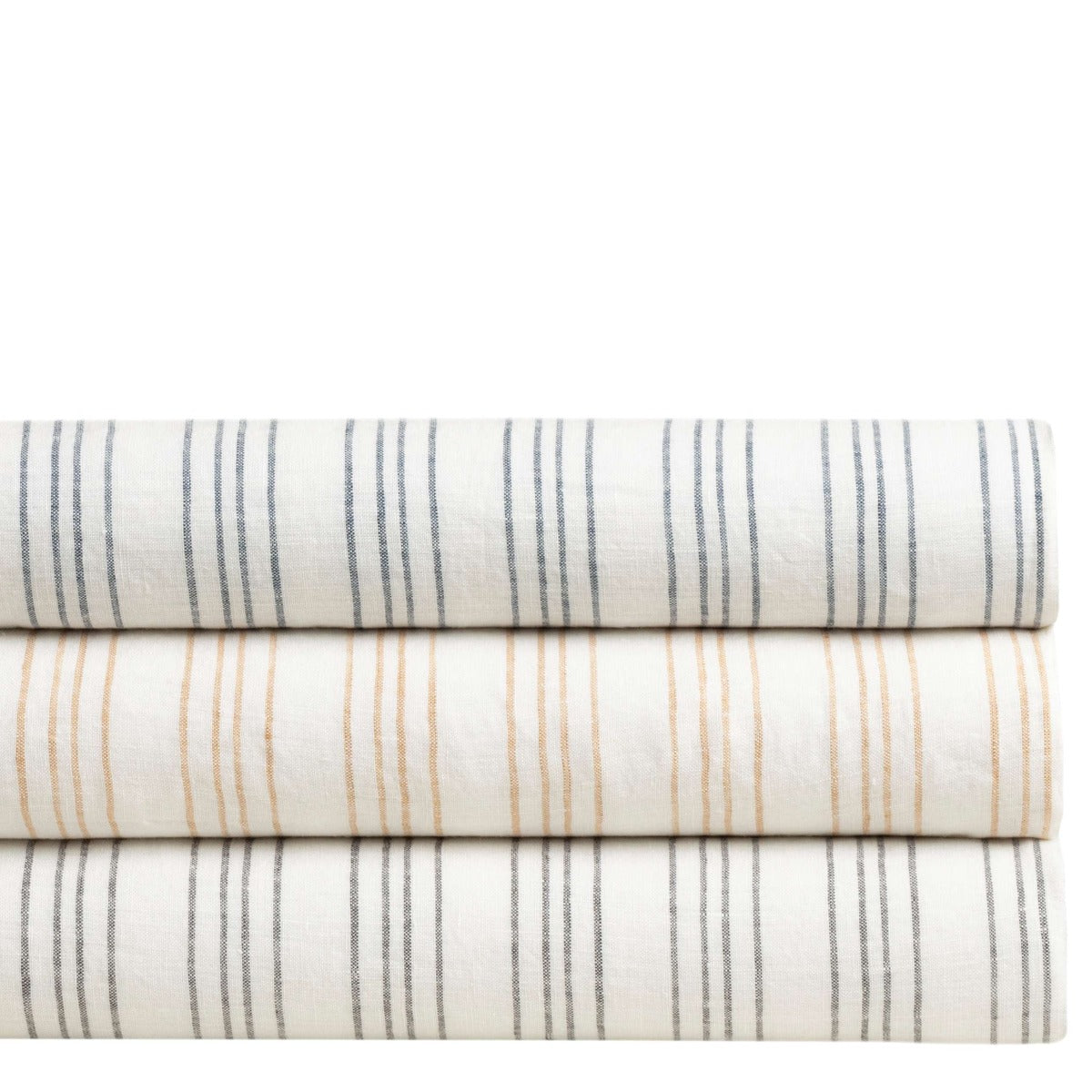 Lush Linen Stripe Slate Blue Duvet Cover styled with like duvets. Styled view. 