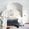 Lush Linen Stripe Slate Blue Duvet Cover styled in a neutral bedroom. Styled view. 