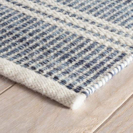 Malta Blue Woven Wool Rug corner detail. Close-up detail view. 