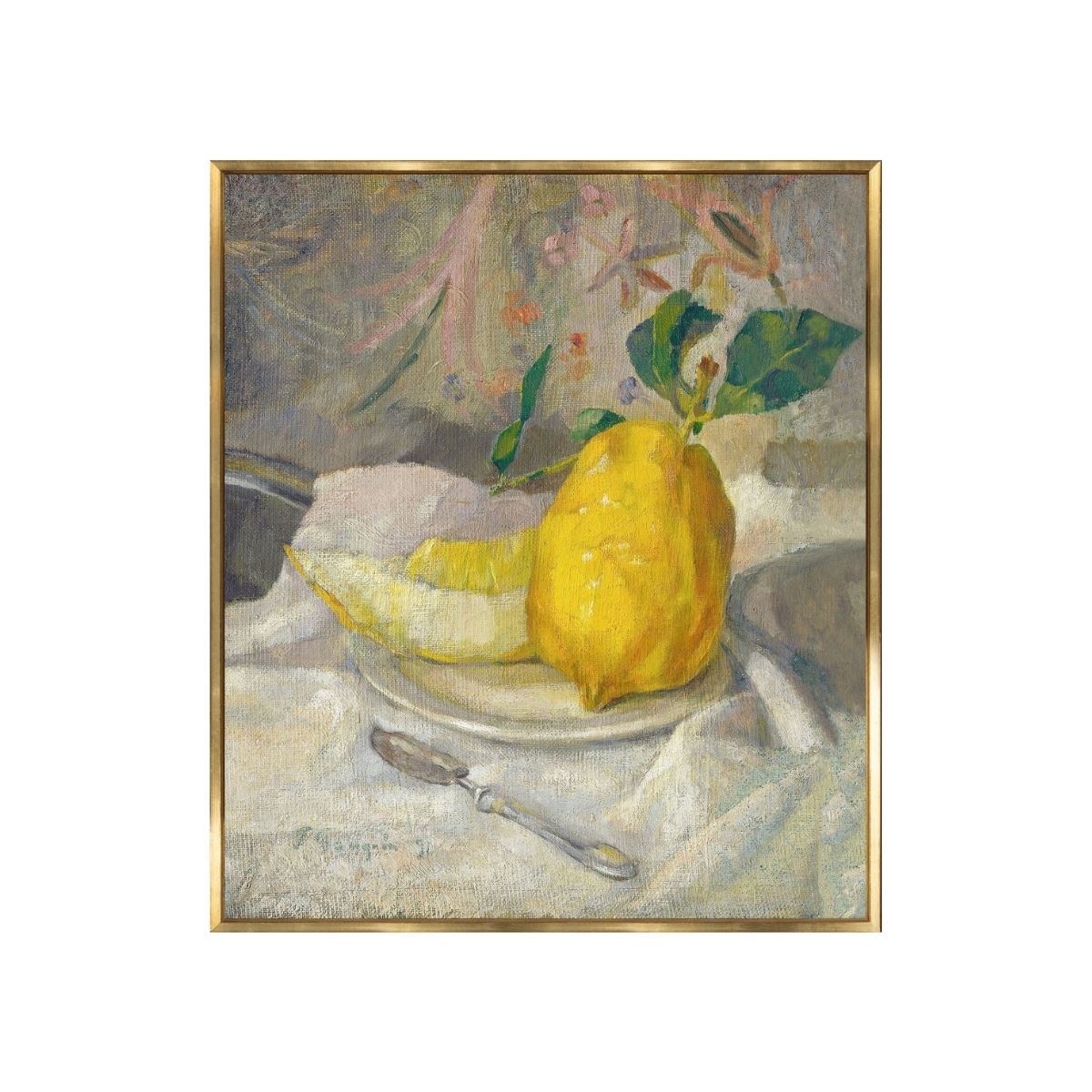 Melon and Lemon centred on a white tablecloth. Artwork in a golden frame. Post-impressionist art style. Front view.