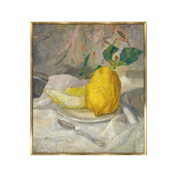 Melon and Lemon centred on a white tablecloth. Artwork in a golden frame. Post-impressionist art style. Front view.