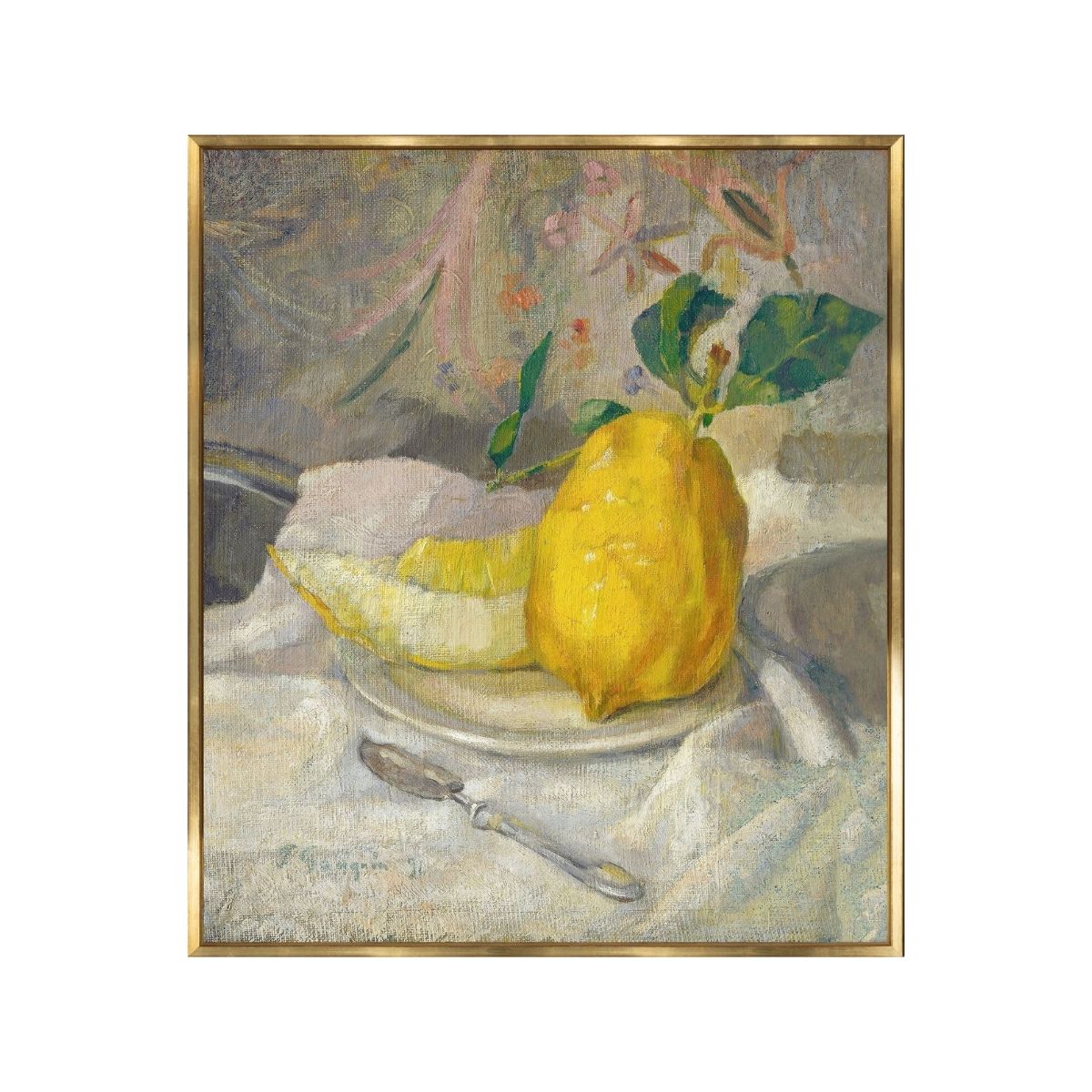Melon and Lemon centred on a white tablecloth. Artwork in a golden frame. Post-impressionist art style. Front view.