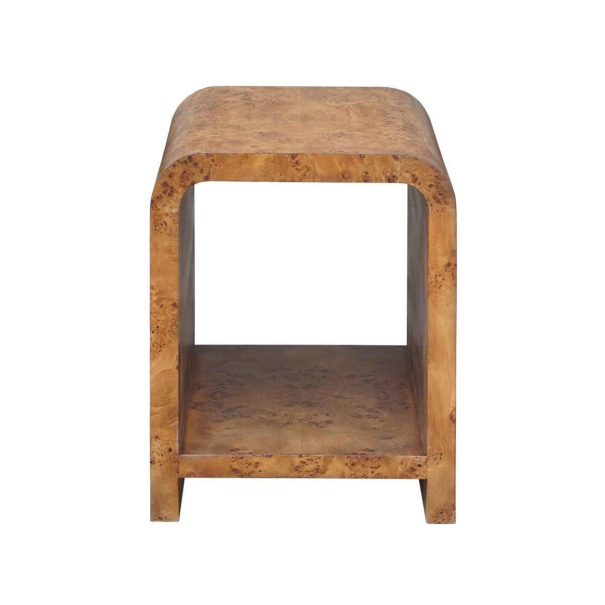 Miller Side Table Matte Dark Burl Wood. Front view.