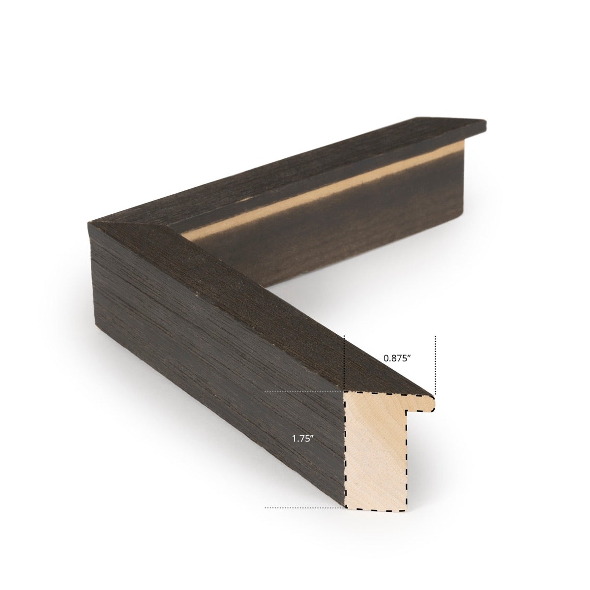 Dark wood frame. 0.875" wide. 1.75" thick. Close-up detail view.