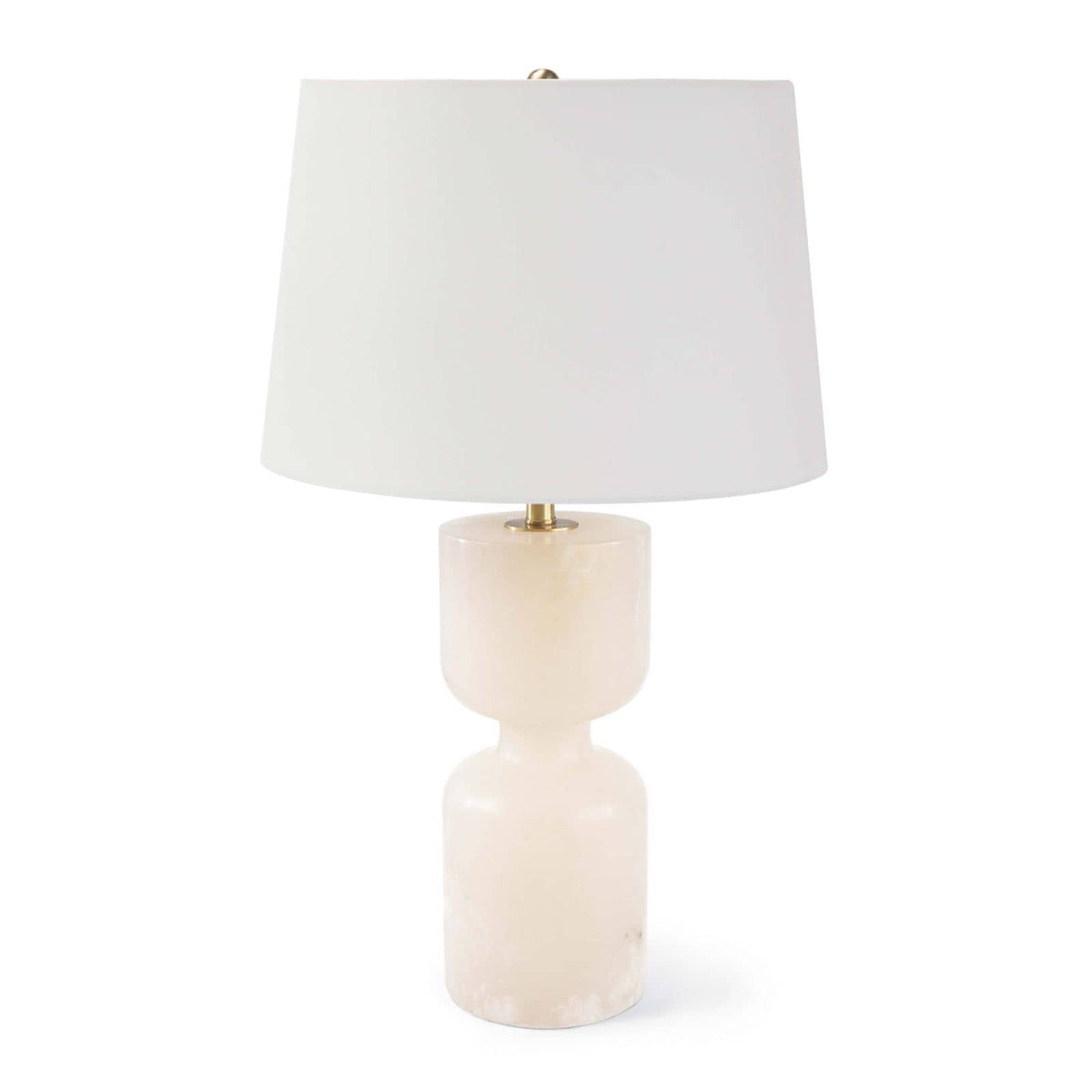 Noel Alabaster Table Lamp. Light on. Front view.