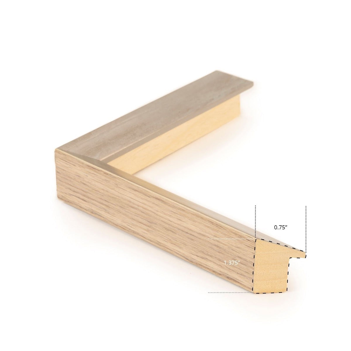 Light wood frame. 0.75" wide. 1.375" thick. Close-up detail view.