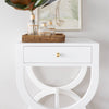 Paige Side Table styled with a rattan tray. Styled view.
