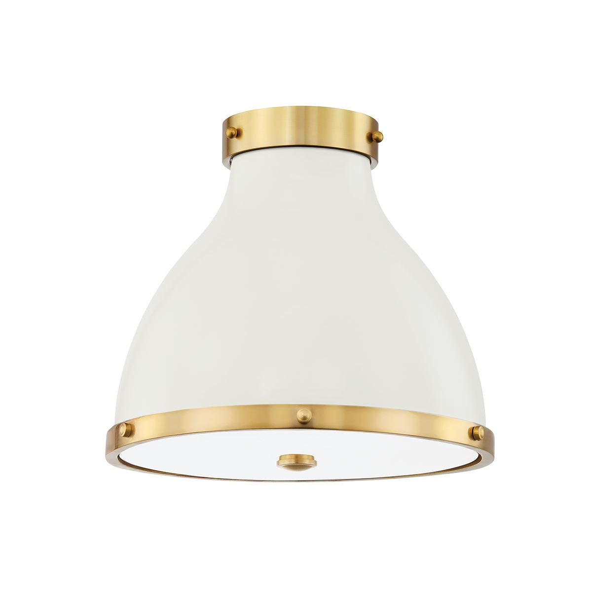 Dylan Flush Mount Aged Brass/Off White. Front view. 