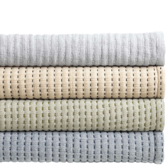 Pick Stitch Navy Matelasse Coverlet folded. Styled view. 