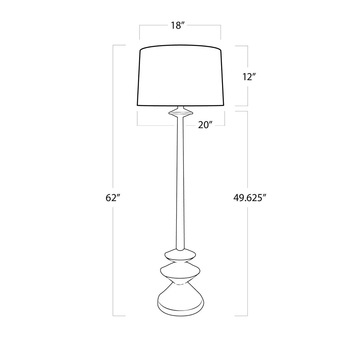 Piper Floor Lamp with dimensions. Dimension view.